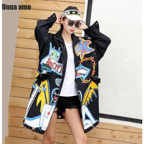 Unua amo 2021 Long Coat Women Spring Trench Hip-hop Style Metal Ring Hem Design Large Size Cartoon Print Womens Windbreaker