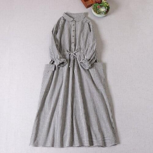 Japan Style Literary Black White Cotton Dress New Spring Loose Turndown Collar Elastic Waist Women Dress