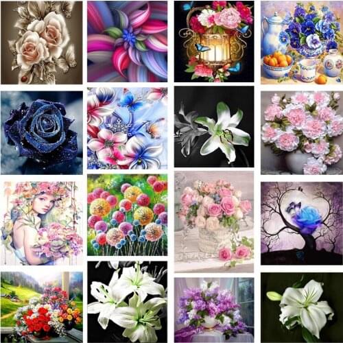 5D Square/round Diamond Embroidery Black Night White Flower&pink Rose&garland Angel Diamond Painting Flower Painting Cross Stitc