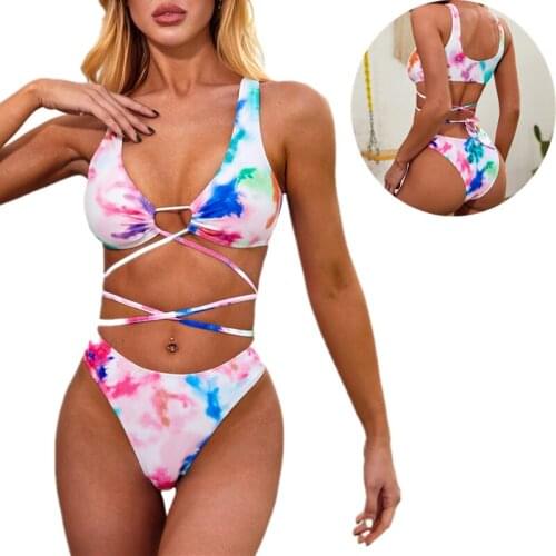 Bikini 2021 Woman High Waist Criss Cross String 2 Pieces Bandeau Swimsuit Tie Dye Bathing Suits Sexy Lace Up Thong Swimwear