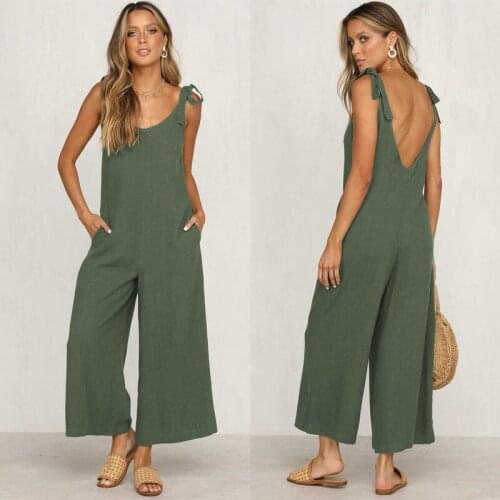 Brand New Rompers Summer Women Casual Bandage Loose Linen Cotton Jumpsuit Sexy Sleeveless Backless Playsuit Trousers Overalls