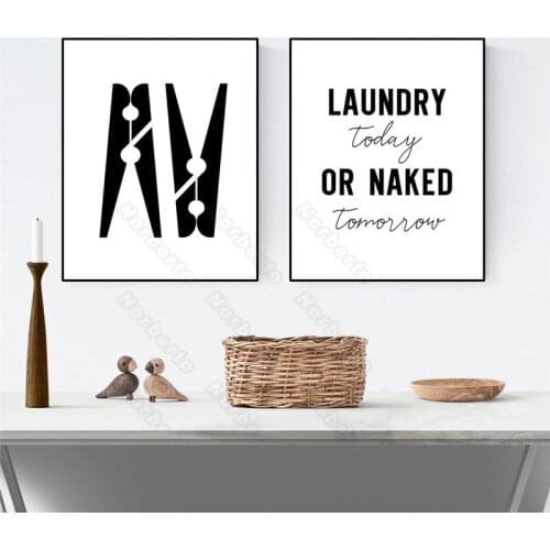 Modern Style Canvas Painting Wall Poster Black and White Pictures Clothes Pegs Letters Laundry Naked for Home Rooms Wall Decorat
