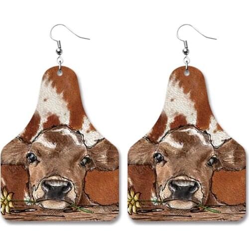 Pu Leather Earring Statement Geometric Cattle Farm Animal Western Cowboy Print Vintage Fashion Trendy Unique Retro Drop Earrings