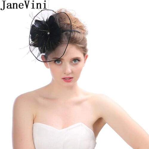 JaneVini 2020 Facinator Hat Wedding Church Bridal hats for Women Elegant Fashion Feather Black Bride Headband Hair Accessories