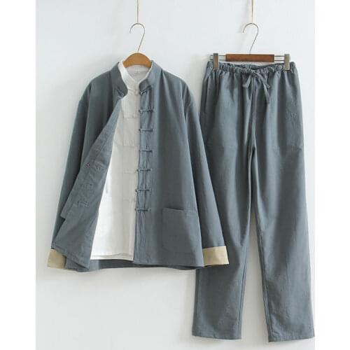 2PCS Chinese Traditional Tang Suit Male Kung Fu Uniform Retro Casual Cotton Linen Plus Size Tai Chi Clothing Set for Man