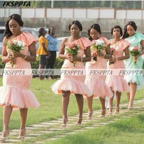 Short Mermaid Pink Bridesmaid Dresses One Shoulder Tulle Lace African Maids Gowns For Wedding Party Plus Size Women Formal Dress