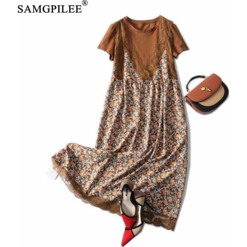 Summer Women Dress 2021 French Retro Flower Fake Two Piece Patchwork Over The Knee Short Sleeve Print Woman Dresses Plus Size