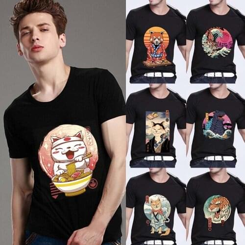 Mens T-shirt Anime Print Short Sleeve Anime Cute Top Japanese Cat Series Casual O-neck Youth Mens Commuter Comfortable Shirt