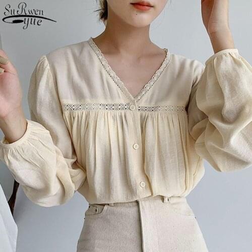 Fall 2021 New Long Sleeve V-neck Womens Shirts Loose Pleat Temperament Retro Womens Tops and Blouses Blusas Mujer 12513