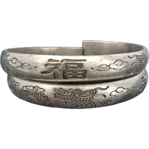 Old Handwork Miao Silver Carve China Adjust Pair Bracelet