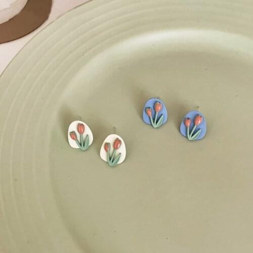 Tulip Three-dimensional Painting Stud Earrings Blue White Pink Green Earrings Exquisite and Fresh Forest Series Gift for Friends