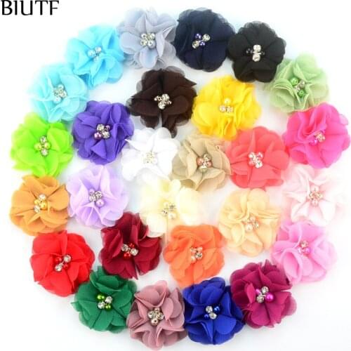 140pcs/lot 2 inch cute chiffon flowers with Rhinestone Pearl without clips girls headbands hair accessories 28 Color MH22
