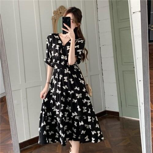 SLPBELY Summer Midi Dress For Women French Bow Printed V Neck Short Sleeved Dress Female Elegant A-Line Dress Vestido 2021 New