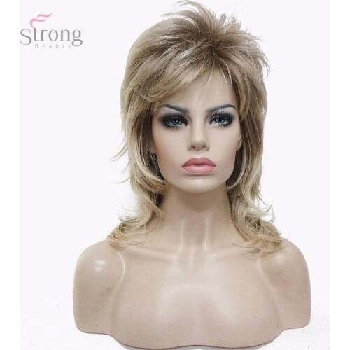 StrongBeauty Womens Wig Blonde Mix 16" Medium Length Straight Layered Hair Kanekalon Synthetic Full Wigs