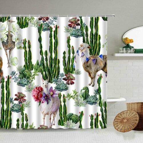 Tropical Cactus Succulent Green Plants Floral Print Shower Curtain Alpaca Animal Old Wood Design Bathtub Art Waterproof Curtains