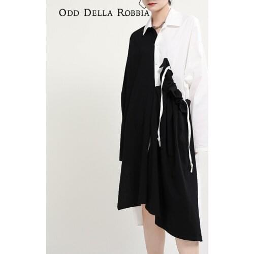 OddDellaRobbia Spring Women Fashion Dress Black And White Stitching Mid-Length Shirt Skirt Symmetrical Color Contrast Dress 1676