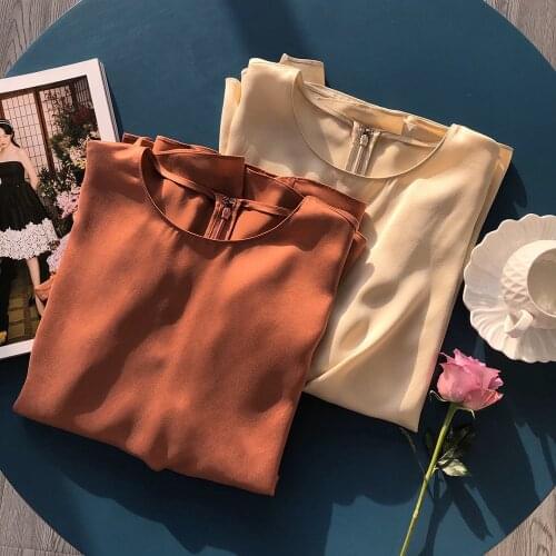 Women High Quality Silk Satin Round Neck Long Sleeve Side Ties Blouse Shirt Top