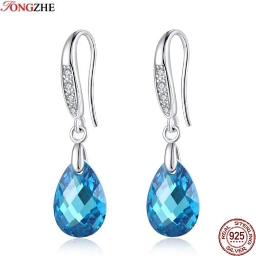 TONGZHE Fashion Blue Austrian Drop Earrings For Women Elegant 925 Sterling Silver Anti allergy Earrings DIY Jewelry 2018