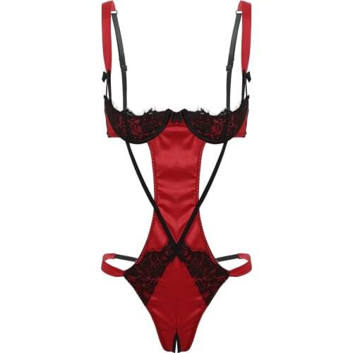 Womens Erotic Lingerie Teddies Adjustable Shoulder Straps 1/4 Underwired Cups Backless and Crotchless Teddy Bodysuit Nightwear