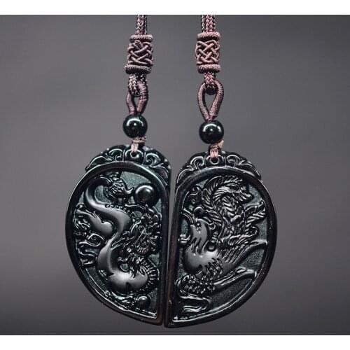 2pc 100% Natural Obsidian Carving Dragon and Phoenix Necklace Pendant YIN YANG Pendant Necklace Obsidian Lucky Pendants