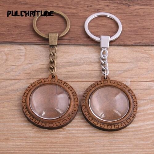 2pcs 30mm Round Fork Wood Cabochon Settings Metal Keyring Accessories Diy Blank Wooden Base Trays For Key Chain