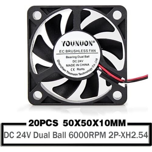 20 Pieces Ball Bearing DC 24V 50mm 5010 Cooling Fan 50x50x10mm DC Brushless Fan 6000RPM 2PIN-XH2.54 Cooling Cooler Fan 1.97inch