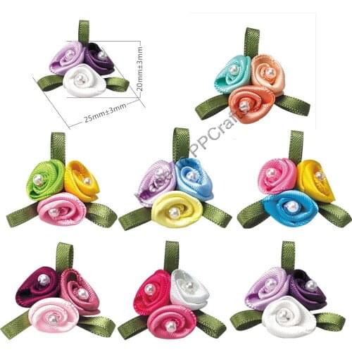 25X 20 MM Satin/Organza Ribbon 3 Flowers With Bead For Packing Cloth Hairbow DIY Crafts 100pcs Free Shipping