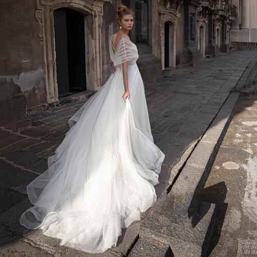 A-Line Sweetheart Spaghetti Straps Wedding Dresses with Beads Belt Elegant Pleated Off Shoulder Short Sleeves Formal Bridal Gown