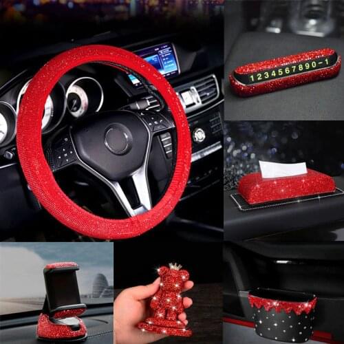 Car Interior Accessorie For Women Leather Diamond Steering Wheel Cover Crystal Auto Mount Holder Tissue Box Universal Decoration