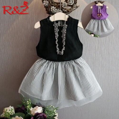R&Z childrens suit 2019 summer new girls fashion suit Korean version of the sleeveless T-shirt mesh striped skirt two-piece