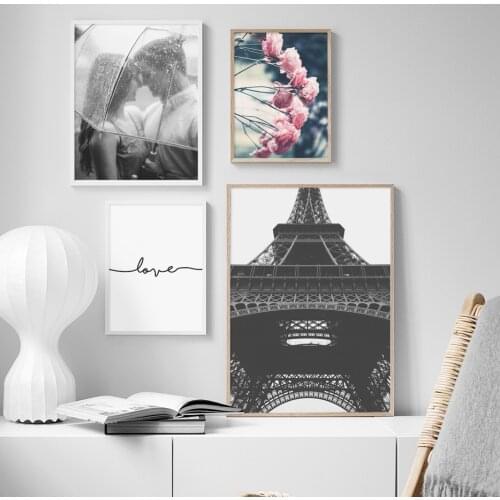 Pink Flower Paris Tower Lovers Love Quote Wall Art Canvas Painting Nordic Posters And Prints Wall Pictures For Living Room Decor