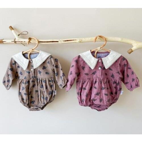 2021 Autumn New Baby Girl Floral Bodysuit Long Sleeve Jumpsuit For Newborn Toddler Loose Onesie Fashion Large Lapel Girl Clothes
