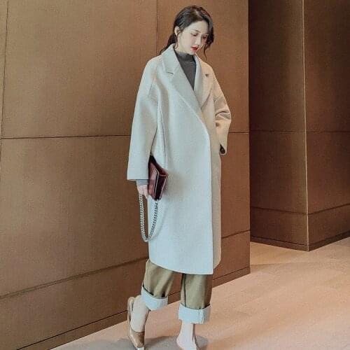 Korean Long Coat Womens Wool Coats Winter Fashion Wool Overcoat Loose Turndown Collar Coat Beige Woman Winter Coats