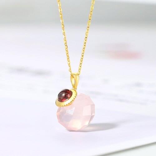LAMOON 925 Silver Crystal Ball Pendant Necklace For Women Natural Rose Quartz Garnet Long Chain 14K Gold Plated Jewelry LMNI142