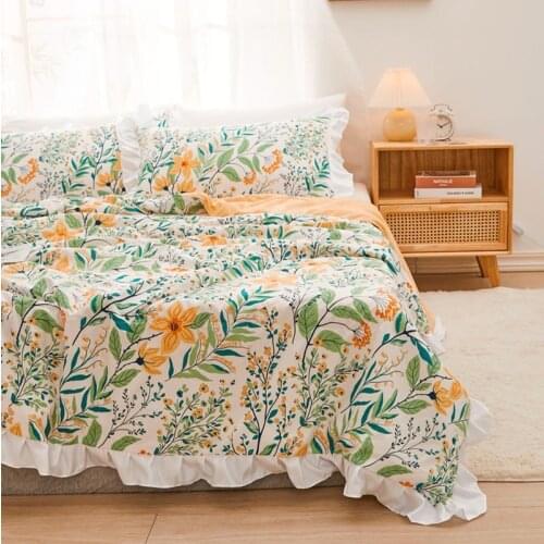 Summer Soft Breathable Quilt Princess Lace Comforter Flowers Print throw Duvet Washed Cotton Throw Blanket Bedding