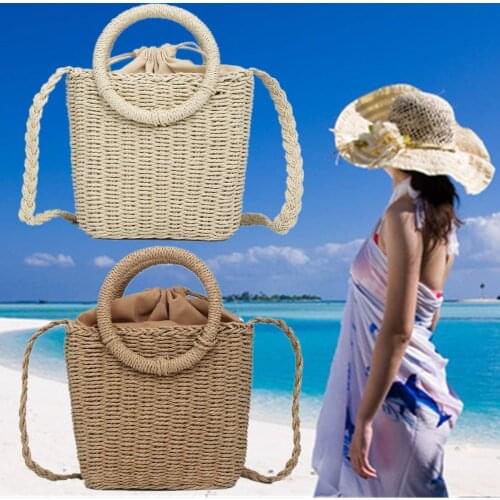 Fashion Straw Bag Drawstring Bucket Handbags Women Shoulder Beach Bag Handmade Rattan Totes Weaving Circle Handle Bolsas