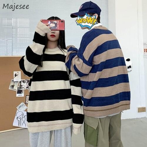 Men Oversize Pullovers Classic Retro Striped High Quality Korean Style Slouchy All-match Basic Sweaters Trendy Students Couples