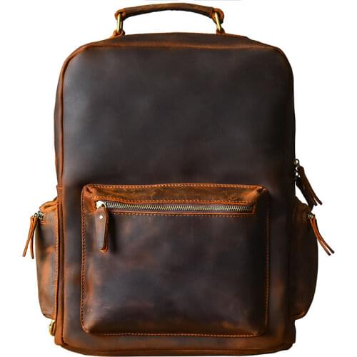 Mens Backpacks Travel Big Backpack Laptop Shoulder Bag Retro Original Head Layer Crazy Horse Leather Mens 15 Inch Cow Leather