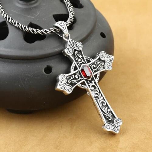 100% 925 Silver Cross Pendant Necklace Vintage 925 Sterling Silver Jesus Cross Pendant Red Stone Cross Pendant Necklace