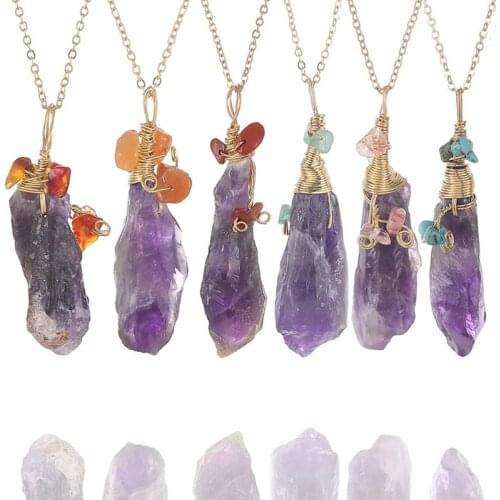 Irregular Natural Purple Crystal Point Pendant Necklaces Chip Stone Wire Wrapped Reiki Healing Jewelry for Women
