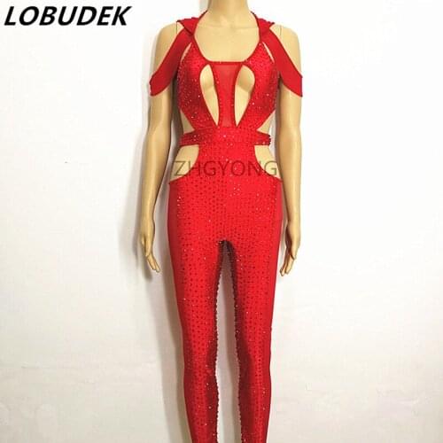Sexy Hollow Out Red Rhinestones Bandage Jumpsuit Nightclub DJ Female Singer Dance Costume Crystals Stage Outfit Club Dance Wear