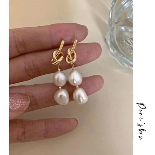 PerisBox 2 Natural Pearls Link Drop Earring Knotted Hollow Baroque Pearl Hanging Earrings Elegant Trendy Vintage Dangle Earring