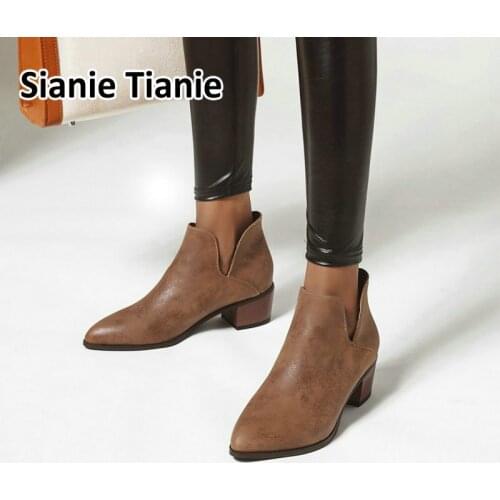 Sianie Tianie 2020 spring autumn casual punk V-cut ankle boots square chunky high heels luxury women shoes slip-on woman pumps