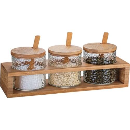 Glass Spice Jars Spice Box Condiment Jar with Bamboo Wooden Lids Seasoning Jar