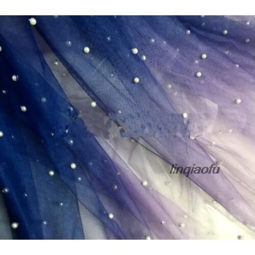 Dark blue beaded pearl mesh multicolor rainbow gradient fabric