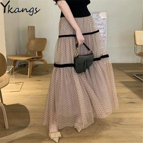 High Quality Skirts Women Summer Casual Elastic High Waist Mesh Midi Skirt Spring Female Skirts Elegant Flocking Polka Dot Skirt