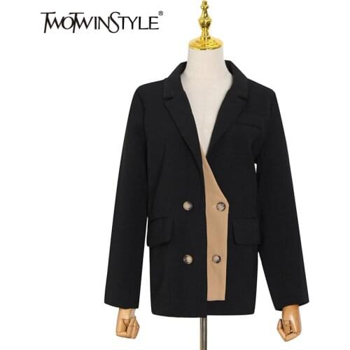 TWOTWINSTYLE Black Blazers For Women Notched Long Sleeve Patchwork Hit Color High Street Coats Female 2021 Spring Clothing Style