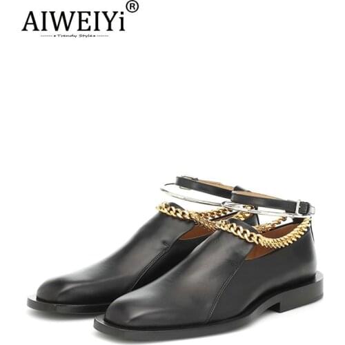 AIWEIYi Square Toe Genuine Leather Shoes Female British Style Metal Chain Buckle Strap Shoes Low Heel Oxford Shoes Woman