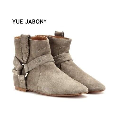 YUE JABON Spring Autumn Vintage Ankle Boots Suede Leather Womens Flat Zipper Boots Black Real Leather Riding Boots Motorcycle