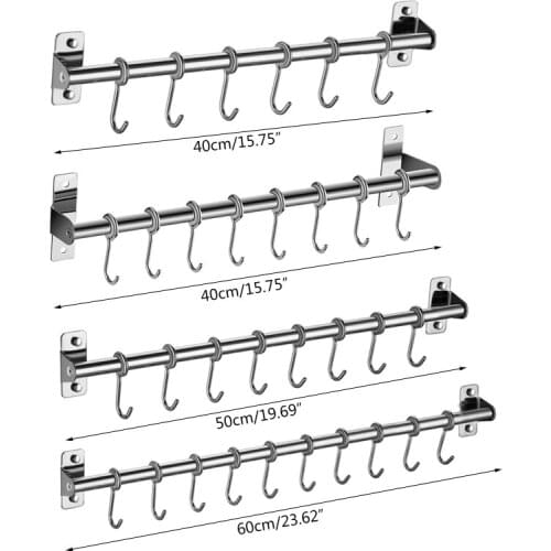 1 Pc Wall Mounted Utensil Rack Stainless Steel Hanging Kitchen Rail with 6/8/10 Hooks